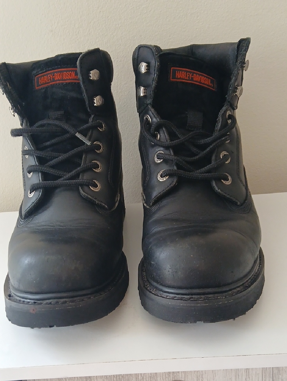 Harley-Davidson Black Leather Lace-Up Work Boots with Orange Logo Patch